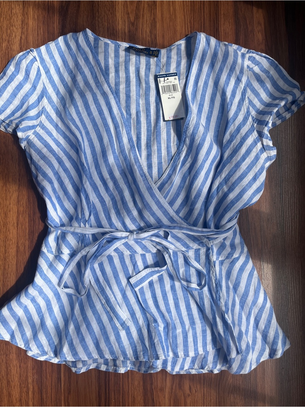 Ralph Lauren Blue & White Striped Wrap Tie-Waist Blouse